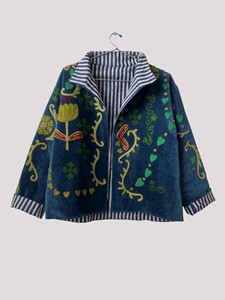 Veste en velours brodée à la main, manches longues, col montant, grande taille, pour femme, automne, motif floral, fermeture éclair - Product Image 2