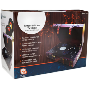 Tourne-disque vintage en bois avec Bluetooth, enregistrement USB, entrée auxiliaire, haut-parleurs intégrés, lecture de vinyle à 3 vitesses - Product Image 5