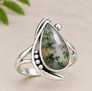 <b>Moss</b> <b>Agate</b> 925 Sterling Silver <b>Ring</b> | Handmade Teardrop <b>Moss</b> <b>Agate</b> Gemstone <b>Ring</b> | Natural Green Inclusion Statement Jewelry - Product Image 2