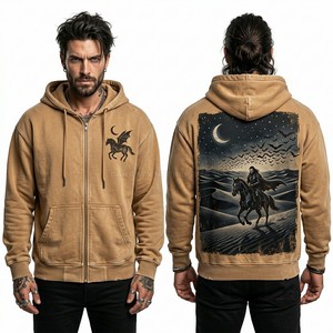 Custom Blue Mineral Wash Hoodie Men Gothic Armor Sword Graphic Oversized Streetwear Heavy Cotton Blood Iron Pullover Hoodie OEM - Product Image 2