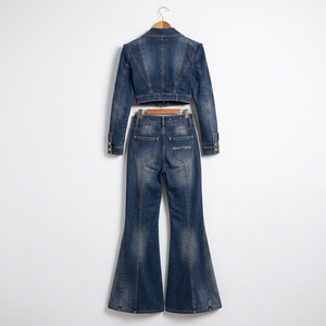 <b>Womens</b> <b>Dark</b> <b>Blue</b> Denim Two Piece Set Cropped Blazer Jacket High Waist Flared <b>Jeans</b> Custom Fashion Wholesale Clothing - Product Image 6