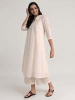 Robe midi ample à motif de pois crème, col en V, manches trois quarts, style décontracté pour l'été, en lin et coton tissé respirant