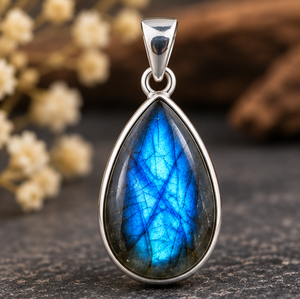 Pendentif goutte d'eau en labradorite avec cabochon bleu irisé de style naturel et élégante monture en argent pour bijoux en pierres précieuses - Product Image 4