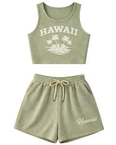 Ensemble deux pièces pour femme, débardeur court côtelé vert sauge et short, imprimé Hawaï, sans manches, col rond, tenue décontractée d'été, personnalisable - Product Image 1