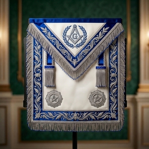 Delantal Masónico de Cuero Bordado Personalizado con Flecos Azules y Blancos, Borlas Plateadas, Resistente al Agua, Insignia Clásica Cosida - Product Image 1