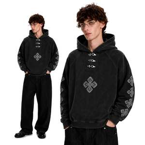 Custom Heavyweight <b>Black</b> <b>Fleece</b> Cross Hoodie Boxy Fit Oversized Streetwear Embroidered Mens Pullover - Product Image 5