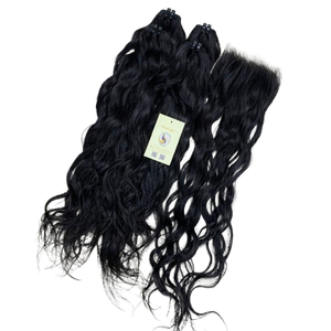 Extensions de cheveux humains vietnamiens noirs, ondulés, à petits nœuds, trame papillon, super double drawn, Genius Weft, en gros - Product Image 1