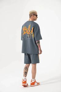 Camiseta con estampado DTG, Camiseta de algodón con cuello redondo y logotipo personalizado, conjunto de pantalones cortos, conjunto informal transpirable con estampado de soplo de verano para hombre - Product Image 3