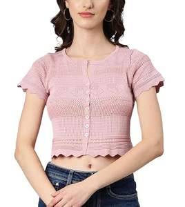 Camiseta corta de verano para mujer, corte ajustado, tela de seda de leche, manga corta, estilo dulce, top tipo jersey, diseño de punto liso - Product Image 1