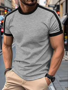 T-shirt noir à manches courtes pour homme avec bordure blanche, coupe classique, col rond, imprimé décontracté, tricoté 200g, en polyester vierge - Product Image 5