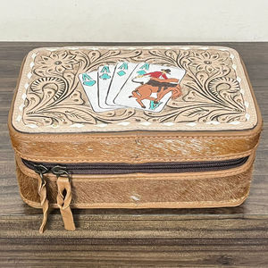 Women Premium Card Design <b>Tooled</b> Leather Zipper Portable Box Genuine Cowhide Leather Jewellery Storage Box Travel <b>Case</b> Organizer - Product Image 4