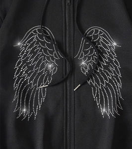 Women's <b>Feathered</b> Angel Wings Rhinestone Zip-Up Hoodie 2026 Sparkle Black Oversized Y2K Streetwear Luxury Soft Fleece <b>Top</b> HD - Product Image 2