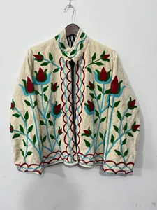 <b>Women</b>’s Boho Suzani Embroidered Cotton Jacket Colorful Floral Embroidery Stand Collar Long Full Sleeves Winter Open Front <b>Coat</b> - Product Image 1