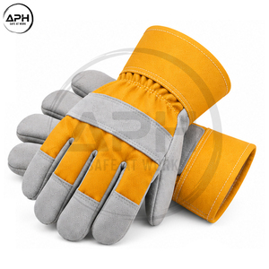 Gants de travail robustes jaunes et gris avec paume renforcée en daim, poignet élastique et manchette longue pour la manutention industrielle - Product Image 2