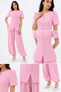 Conjunto de Dos Piezas de Alta Calidad para Vacaciones - Blusa Elegante Rosa con Pantalones Casuales Modernos Estilo Globo - Product Image 6