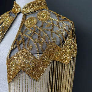 Haut de soirée court élégant vintage pour femme grande taille, col montant, broderie perlée artisanale, perles dorées, sequins, printemps-hiver - Product Image 1