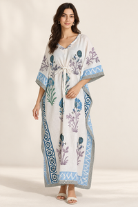 White Printed <b>Bohemian</b> Kaftan for Women Blue Geometric Trim Purple Floral Motifs V Neck <b>Maxi</b> <b>Dress</b> 100% Cotton Breathable - Product Image 3