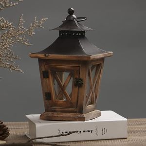 Portavelas de Madera Rústico con Diseño de Marco Cruzado, Farol Decorativo Vintage Estilo Granja - Product Image 1