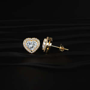 Heart Cut Moissanite Halo Stud <b>Earrings</b> 2 TCW Colorless VVS 14K Gold 1 Carat Heart Solitaire Screw <b>Back</b> Handmade Jewelry Gift - Product Image 4