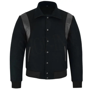 Chaqueta Varsity Negra para Hombre con Hombros de Cuero PU Gris, Cierre de Botones, Cuello Camisero, Ropa Casual de Otoño - Product Image 1