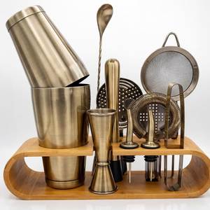 Juego de herramientas de bar de acero inoxidable con soporte de madera, coctelera, colador, jigger, muddler para barman, utensilios de bar, para fiestas. - Product Image 2