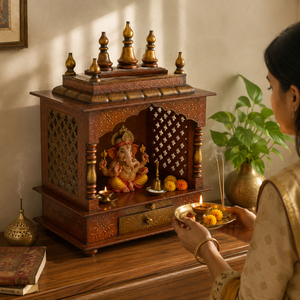 Mandir en bois pour la maison avec tiroir de rangement |   Temple sculpté à la main pour la décoration de la maison |   Temple de prière hindou - Product Image 1