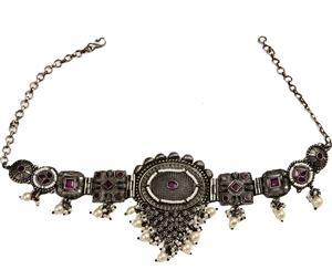 Vintage Oxidized Silver <b>Ruby</b> Engagement Lovers Bridal Choker Set Pearl Drop <b>Necklace</b> Earrings Boho Wedding Anniversary Gift - Product Image 5