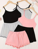 Ensemble pyjama 2 pièces pour femme en jersey couleur unie, printemps-été, avec débardeur à fines bretelles et short à volants, taille élastique, thermique et décontracté
