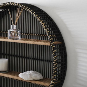 Modern Black Rattan Round Wall Shelf Decorative Storage Organizer for Living Room and Bedroom Handwoven Bamboo Display - Product Image 2