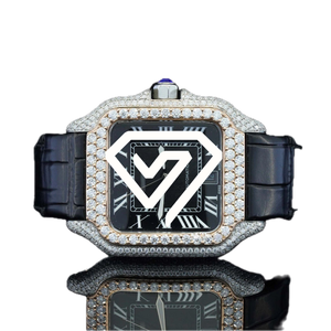 Montre automatique de luxe pour homme avec cadran noir de 41 mm, diamants en moissanite, bracelet en cuir véritable, chiffres romains - Product Image 4
