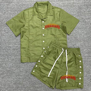 Custom Olive Green Nylon Shirt Shorts Set Mens Utility Streetwear Matching Outfit OEM Hoodies Private Label Supplier - Product Image 1