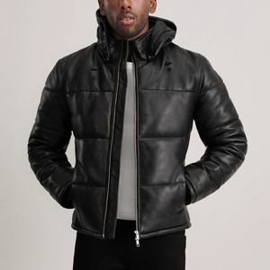 Veste matelassée à capuche pour homme Relevo Industries, en cuir PU noir, hiver, décontractée, fermeture éclair, coupe-vent, épaisse, pour homme - Product Image 4