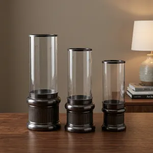 Ensemble de pots à bougies en verre cylindriques avec base en métal, décoration d'intérieur, vase vide pour usage intérieur - Product Image 6