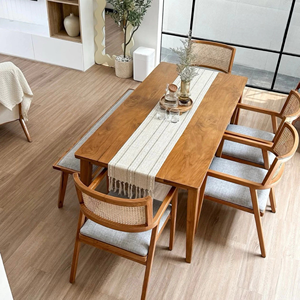 Solid Teak Wood Dining <b>Table</b> <b>and</b> Rattan <b>Bench</b> <b>Set</b>, Modern Rustic Style Dining Room Furniture - Product Image 1