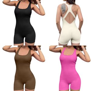 Combinaison de yoga sans couture pour femme, dos nageur, découpes, taille haute, couleur unie, en Spandex et Polyester, 1 pièce, sans manches, longueur courte - Product Image 4