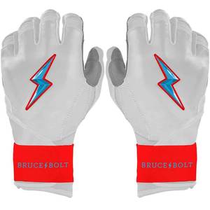 Bruce <b>Bolt</b> White Batting Gloves With Blue Lightning Logo <b>Hook</b> And Loop Closure Unisex Adult Training Glove - Product Image 1
