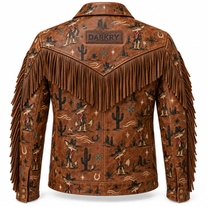 Printed Coyote Desert Pattern <b>Leather</b> Fringe <b>Jacket</b> <b>Mens</b> Custom <b>Brown</b> Cowhide Vintage Western Biker Coat OEM ODM Manufacturer - Product Image 2