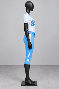 Ensemble uniforme de softball pour femmes, maillot blanc et bleu à col en V et manches courtes avec numéro 22, vêtements ajustés en polyester anti-humidité - Product Image 4