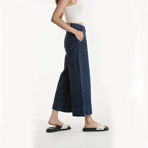 Jean large taille haute délavé foncé pour femme, coupe ample, pantalon en denim court décontracté pour l'été, couleur unie - Product Image 4