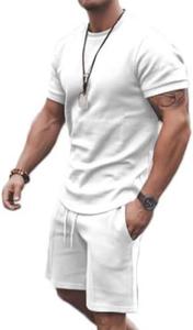 Ensemble deux pièces pour homme, t-shirts et shorts blancs unis respirants, coupe ajustée, streetwear, vêtements de sport d'été, ensemble de shorts de musculation et de natation - Product Image 3