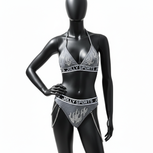 Ensemble de bikini pour femmes, 180 GSM, polyester, élasthanne, extensible, gris, strass, transfert thermique, logo personnalisé, bikinis pour femmes - Product Image 6