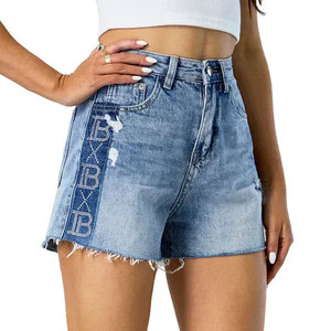 Shorts en jean déchirés style européen avec strass, nouvelle collection été, taille haute, coupe slim, pour femme - Product Image 2