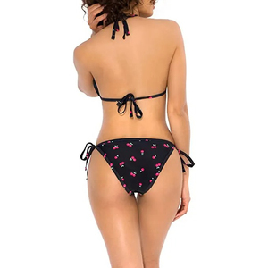 Women's Black Floral Print <b>Bikini</b> <b>Set</b> Halter Neckline Tie Side Bottoms Stretch Fabric 2 Piece Swimwear - Product Image 2