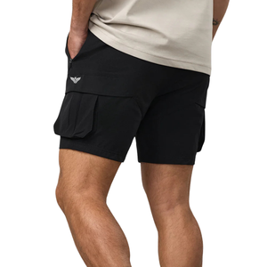 Mens Black Solid Knitted Breathable <b>Cargo</b> <b>Shorts</b> Cotton Blend Athletic Gym Casual Training Utility Multi Pocket Drawstring - Product Image 2