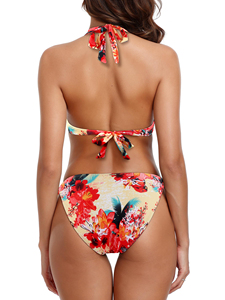 Women's Floral Print Two Piece Bikini Set Halter <b>Neck</b> Push Up Top Tie Side Bottom Spandex Polyester Swimwear - Product Image 3