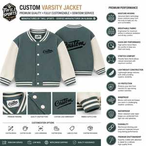 Veste universitaire personnalisée en laine/polyester unisexe, style preppy, broderie sur le devant, fermeture à boutons recouverts, respirante, coupe-vent, hiver - Product Image 3