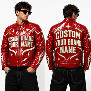Custom <b>Red</b> Color Leather <b>Jacket</b> With Custom Brand Patch And Ribbed Stripe Trim Cuffs For Unisex Comfort Wear - Product Image 5