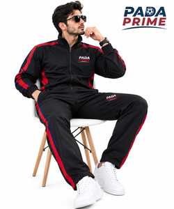 PADA <b>PRIME</b> Unisex Black <b>Red</b> Solid Warm Fleece Tracksuit Full Zipper Sporty Loose Fit Winter Wear with Side Pockets - Product Image 1