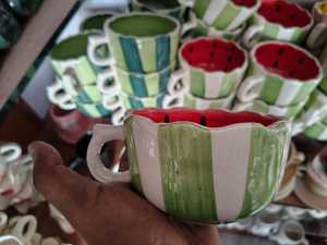 Ceramic Watermelon <b>Mugs</b> Green Striped Design <b>Novelty</b> Coffee Cups Dishwasher And Microwave Safe Reusable Home Drinkware - Product Image 1