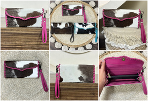 Pochette élégante rose en cuir de vachette véritable faite à la main pour femme, porte-cartes et porte-monnaie OEM en cuir véritable avec dragonne - Product Image 3
